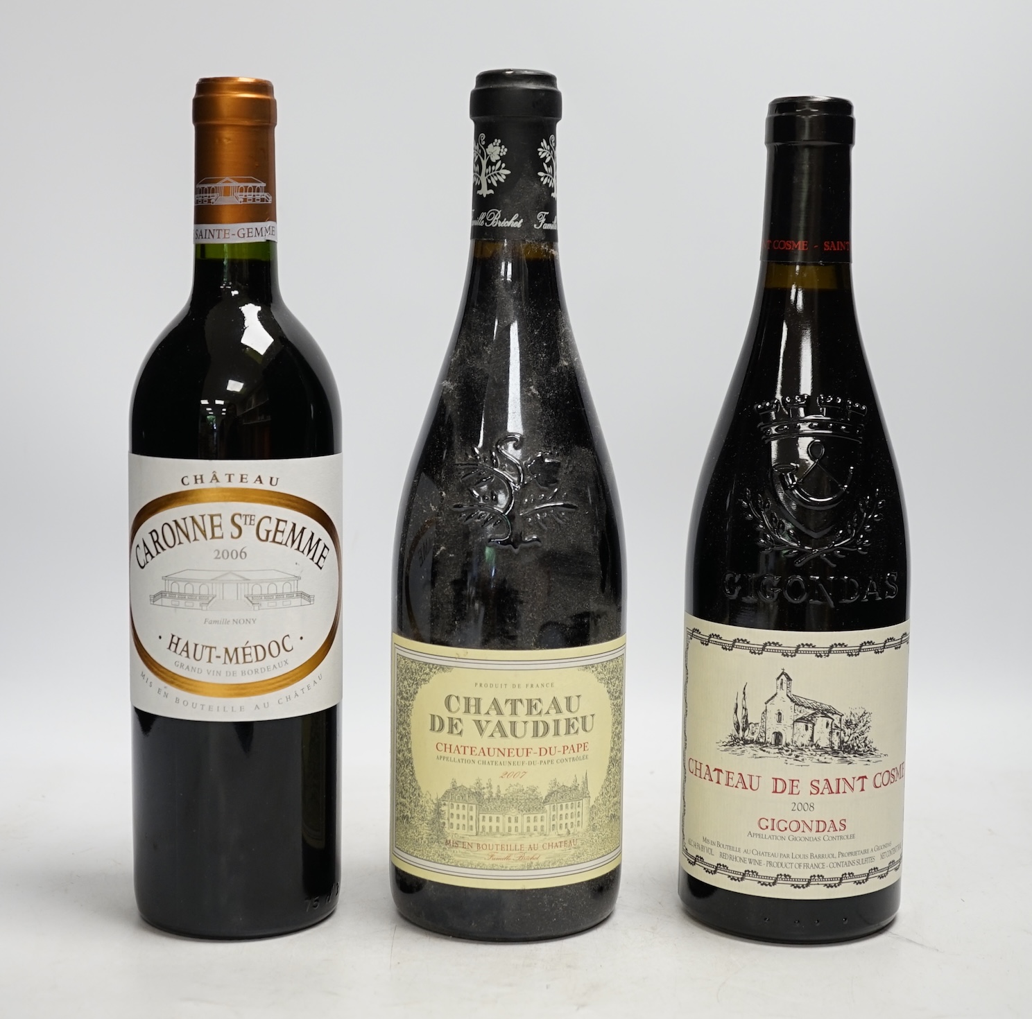 Sixteen bottles of wine to include Domaine Santa Duc 2007, Chateau de Vaudieu Châteauneuf du Pape 2007, Chateau de Saint Cosme 2008, Chateau Langoa Barton 1988, Chateau de Pennautier 2009, Domaine Pierre Usseglio & Fils